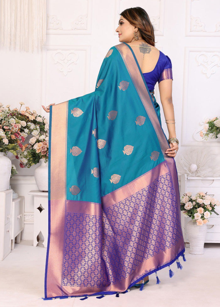 Teal Blue Spun Silk Saree With Blouse Piece