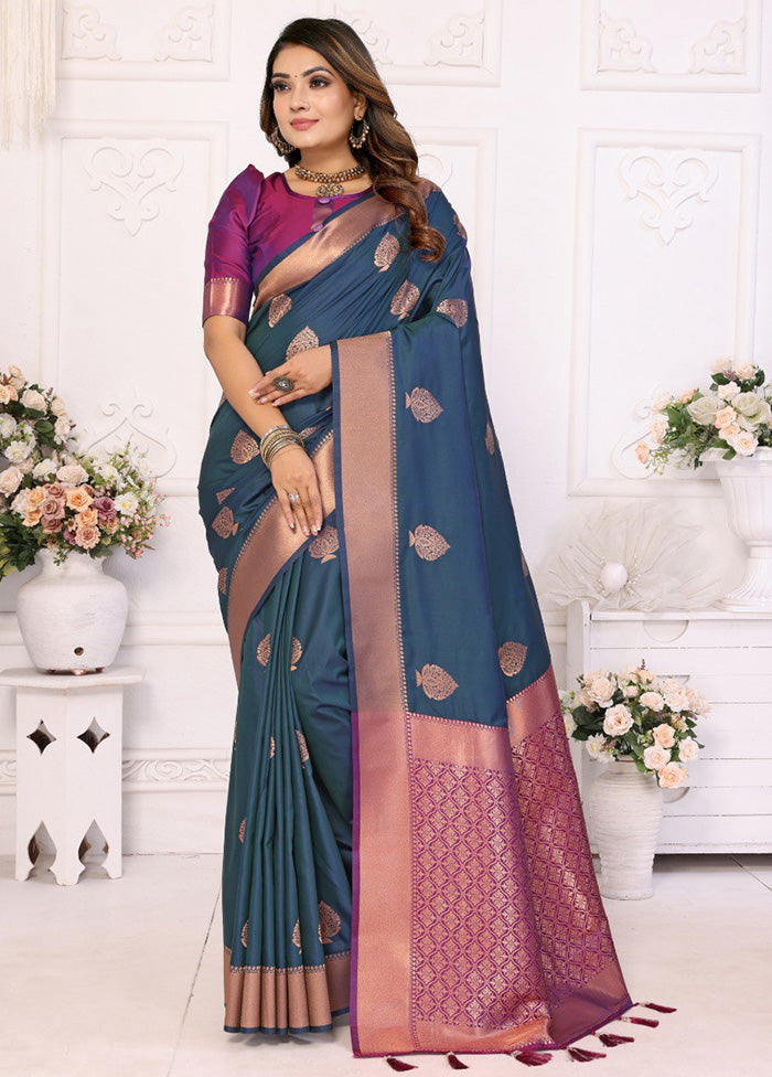 Teal Spun Silk Saree With Blouse Piece