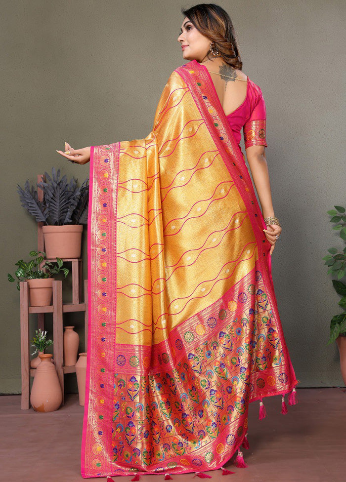 Yellow Banarasi Silk Saree With Blouse Piece