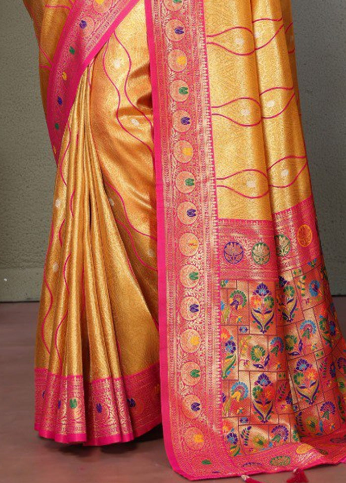 Yellow Banarasi Silk Saree With Blouse Piece