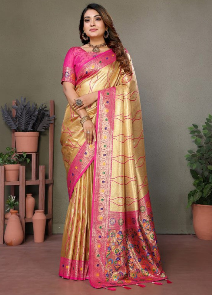 Golden Banarasi Silk Saree With Blouse Piece