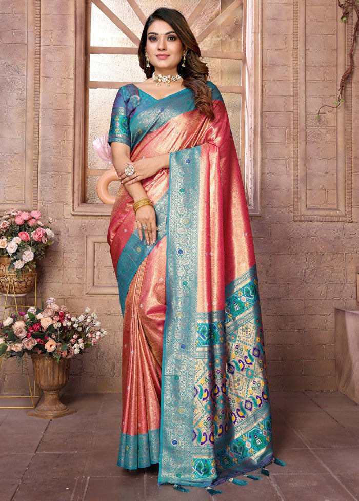 Dark Peach Banarasi Silk Saree With Blouse Piece