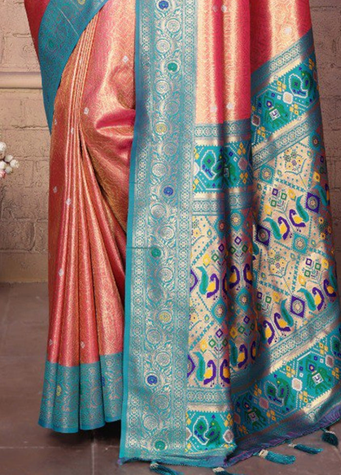 Dark Peach Banarasi Silk Saree With Blouse Piece