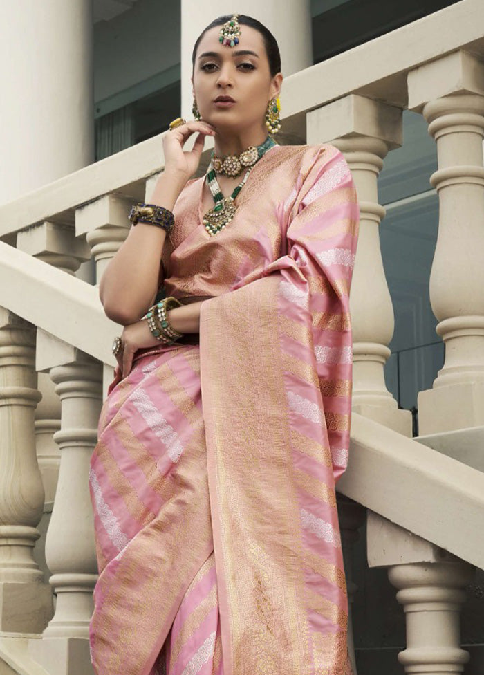 Baby Pink Banarasi Silk Saree With Blouse Piece