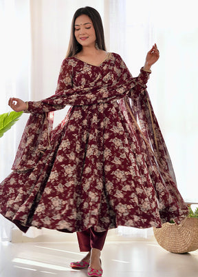 3 Pc Maroon Pure Readymade Georgette Suit Set