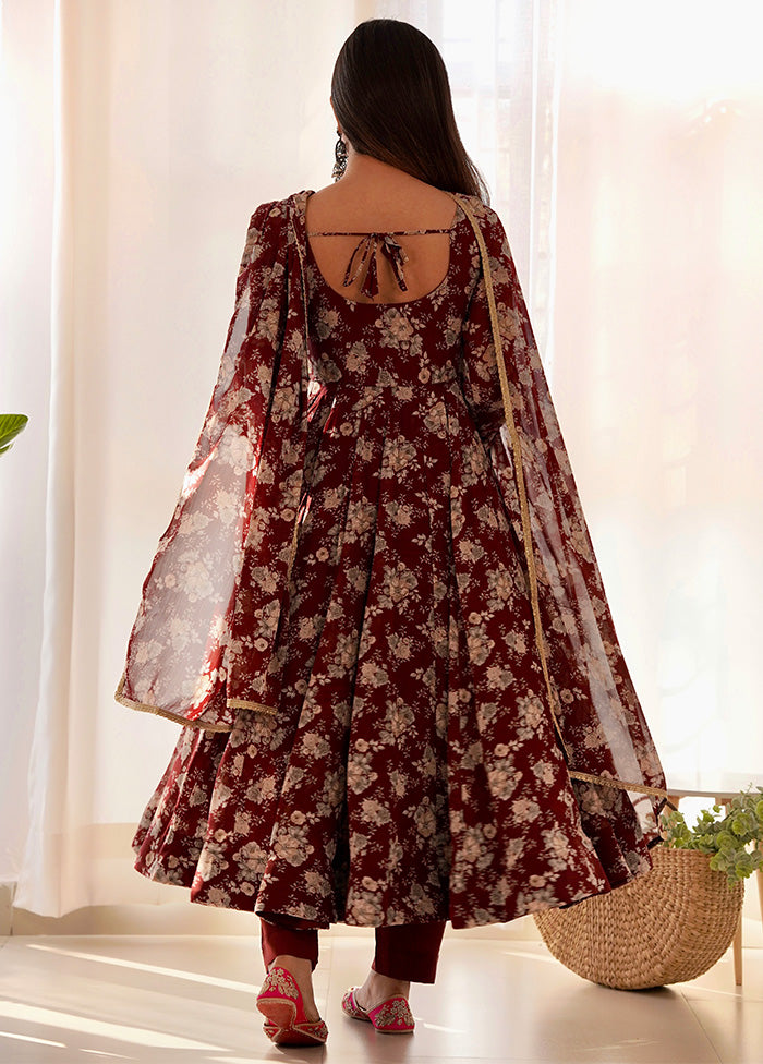 3 Pc Maroon Pure Readymade Georgette Suit Set