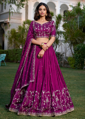 3 Pc Wine Silk Semi Stitched Lehenga Set