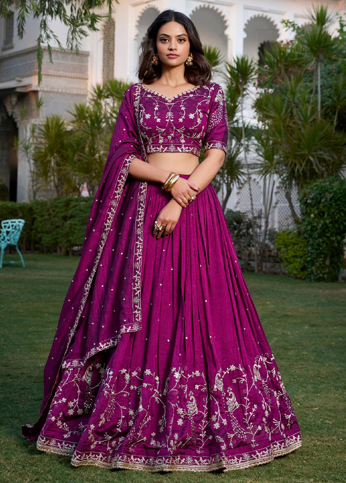 3 Pc Wine Silk Semi Stitched Lehenga Set