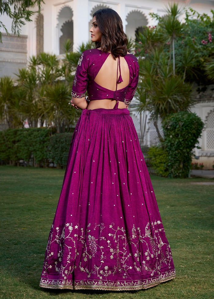 3 Pc Wine Silk Semi Stitched Lehenga Set