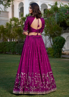 3 Pc Wine Silk Semi Stitched Lehenga Set