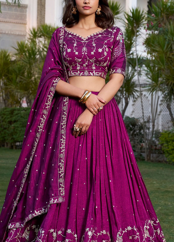 3 Pc Wine Silk Semi Stitched Lehenga Set