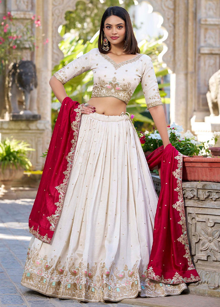 3 Pc Cream Silk Semi Stitched Lehenga Set