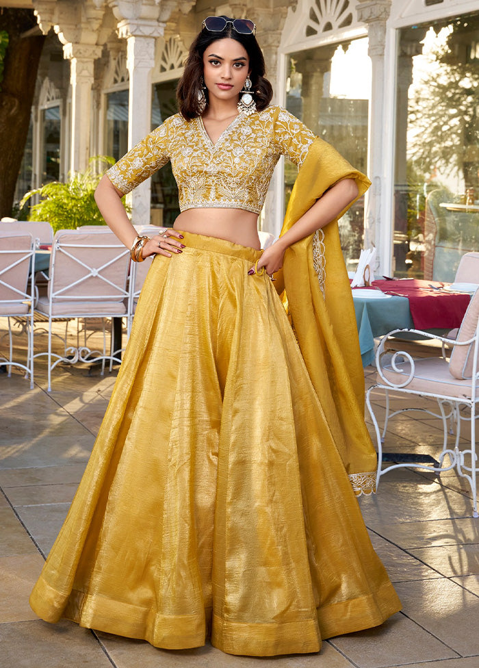 3 Pc Mustard Silk Semi Stitched Lehenga Set