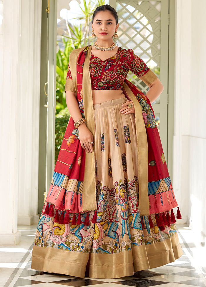 3 Pc Multicolor Silk Semi Stitched Lehenga Set