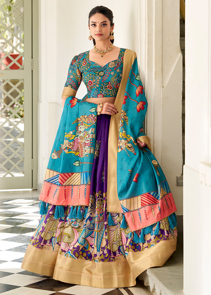 3 Pc Multicolor Silk Semi Stitched Lehenga Set