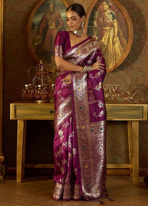 Wine Banarasi Silk Saree With Blouse Piece