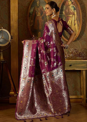 Wine Banarasi Silk Saree With Blouse Piece