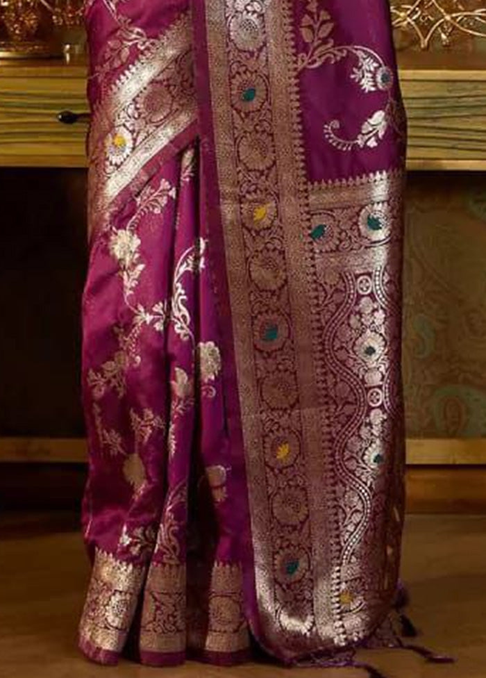 Wine Banarasi Silk Saree With Blouse Piece