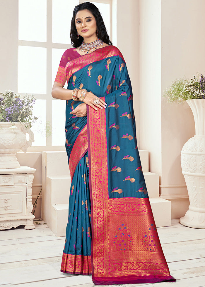 Teal Spun Silk Saree With Blouse Piece