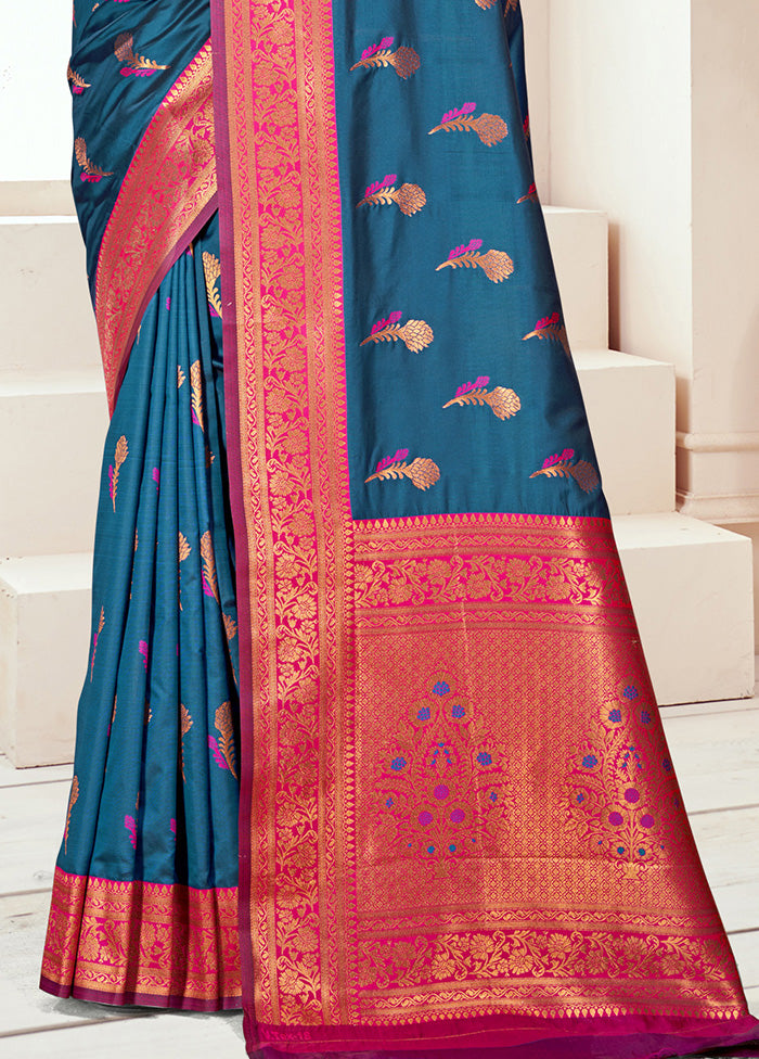 Teal Spun Silk Saree With Blouse Piece