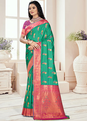 Rama Green Spun Silk Saree With Blouse Piece