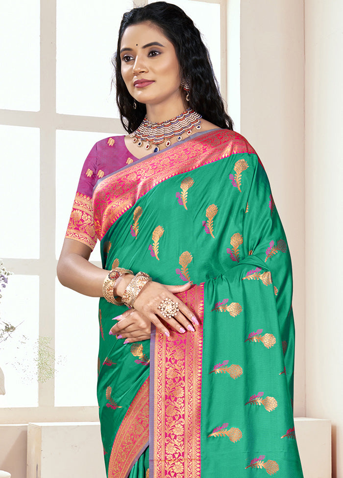 Rama Green Spun Silk Saree With Blouse Piece