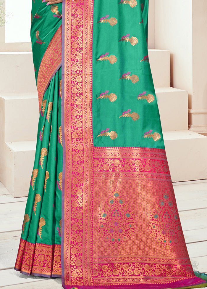 Rama Green Spun Silk Saree With Blouse Piece