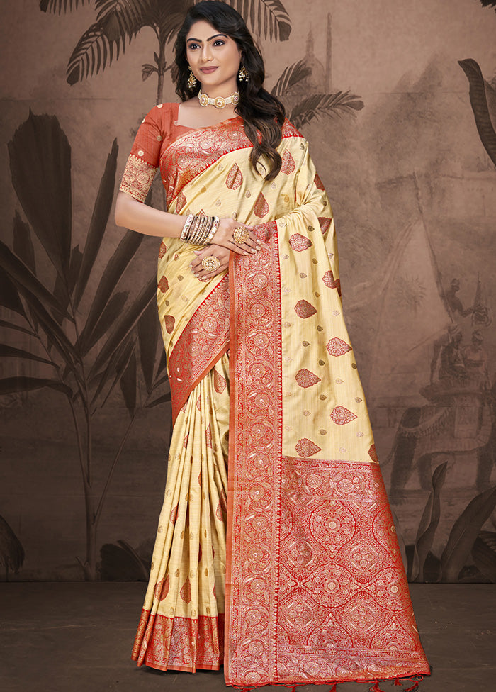 Cream Spun Silk Saree With Blouse Piece