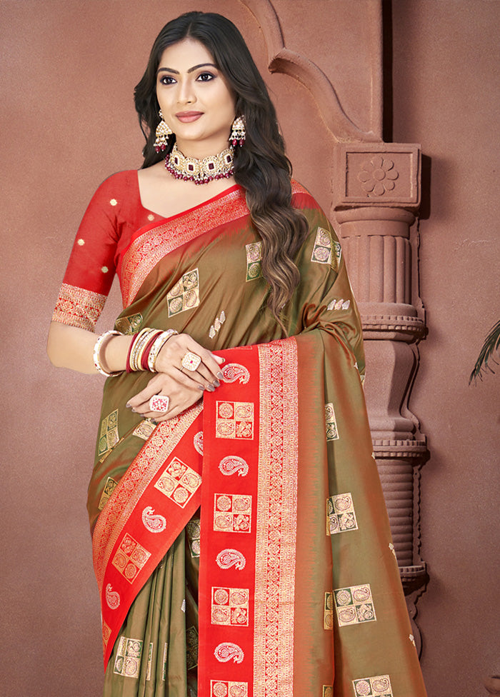 Olive Green Spun Silk Saree With Blouse Piece