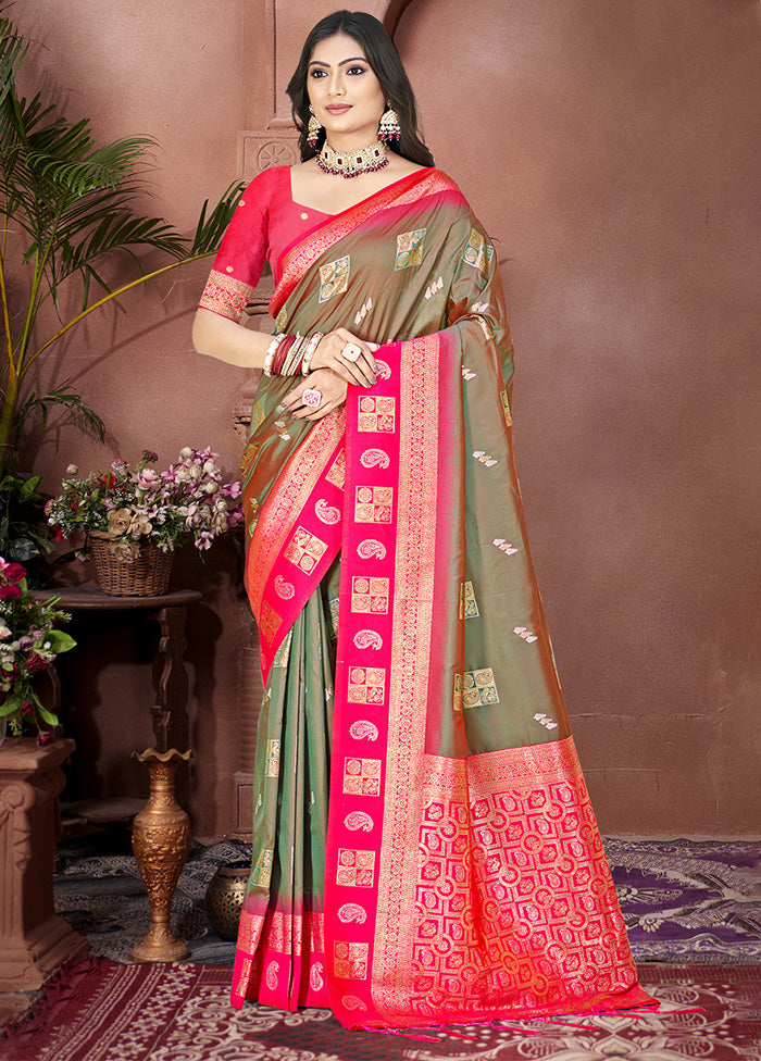 Olive Green Spun Silk Saree With Blouse Piece