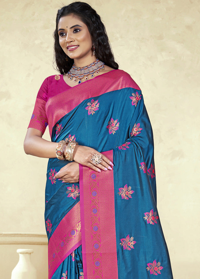 Teal Spun Silk Saree With Blouse Piece