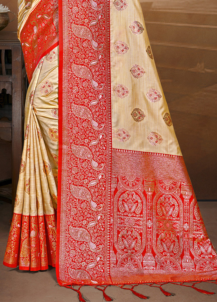 Cream Spun Silk Saree With Blouse Piece