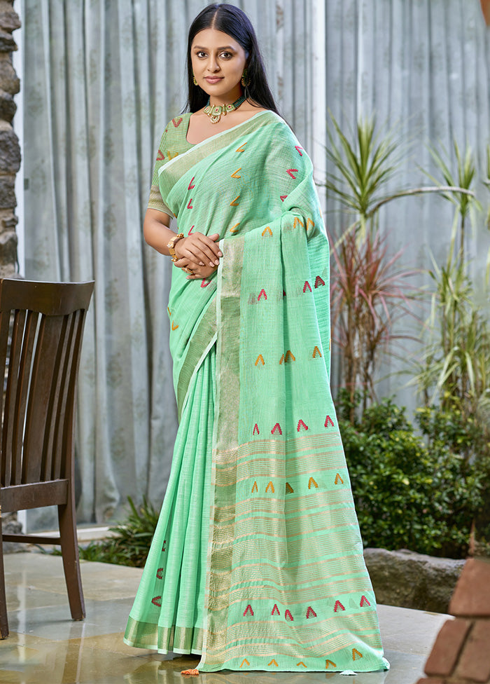 Mint Green Cotton Saree With Blouse Piece