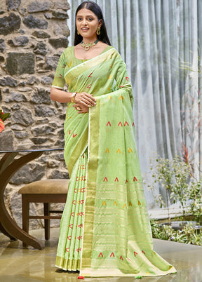 Pista Green Cotton Saree With Blouse Piece