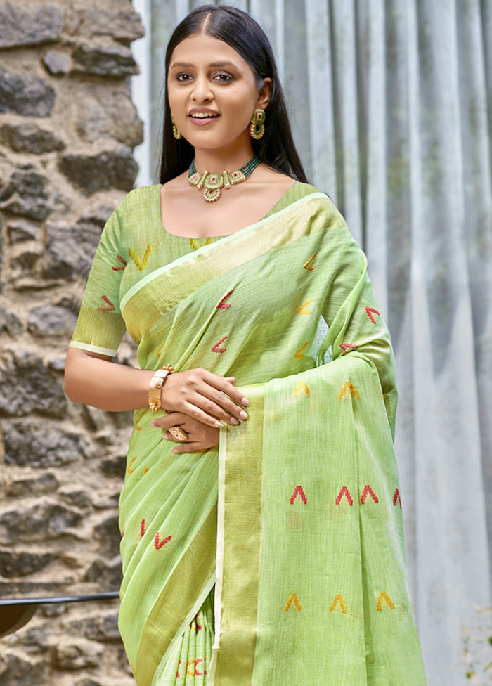 Pista Green Cotton Saree With Blouse Piece