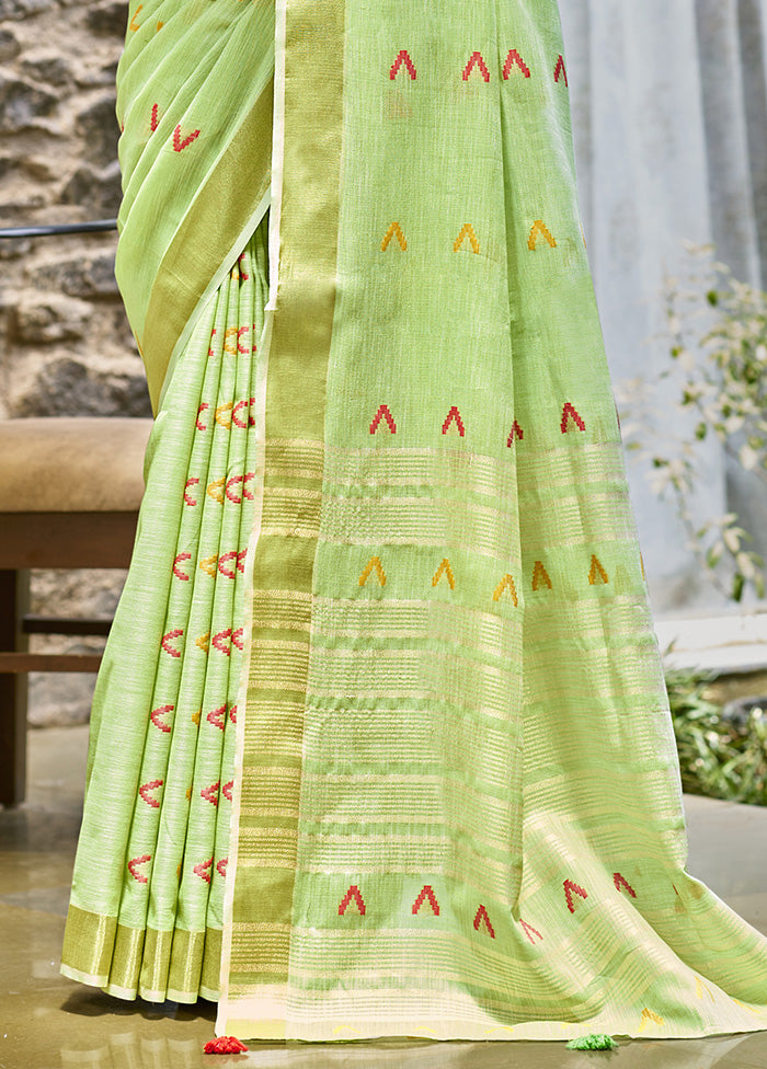 Pista Green Cotton Saree With Blouse Piece