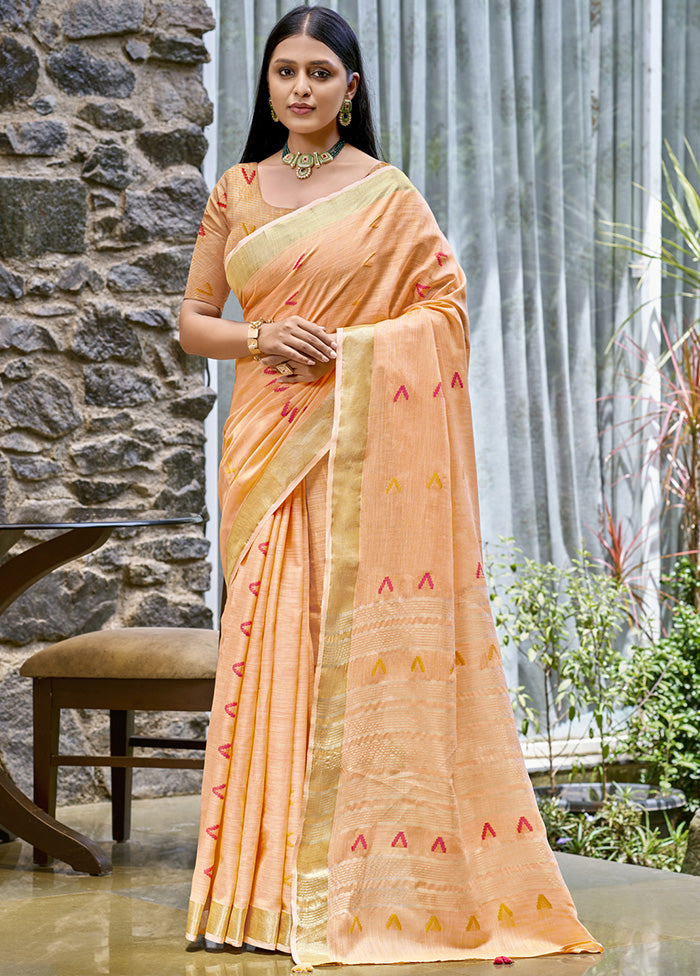 Peach Cotton Saree With Blouse Piece