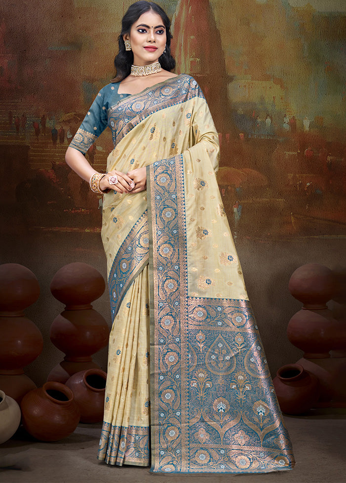 Cream Spun Silk Saree With Blouse Piece