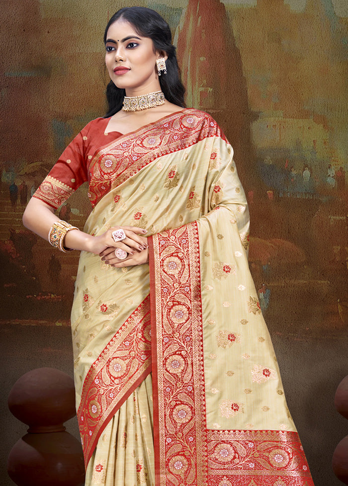 Cream Spun Silk Saree With Blouse Piece