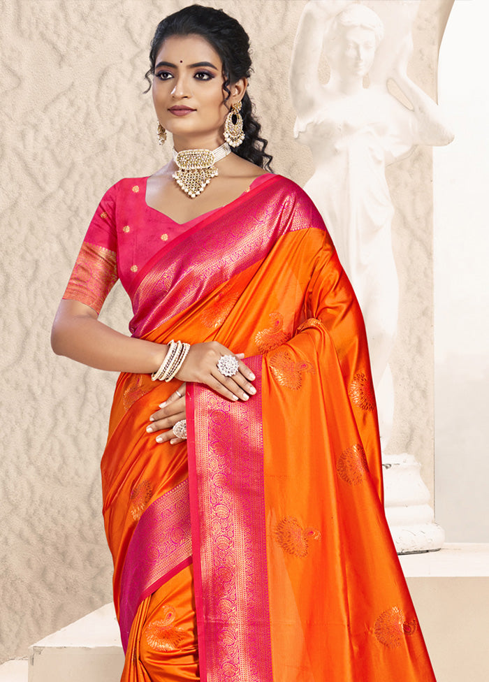 Orange Spun Silk Saree With Blouse Piece