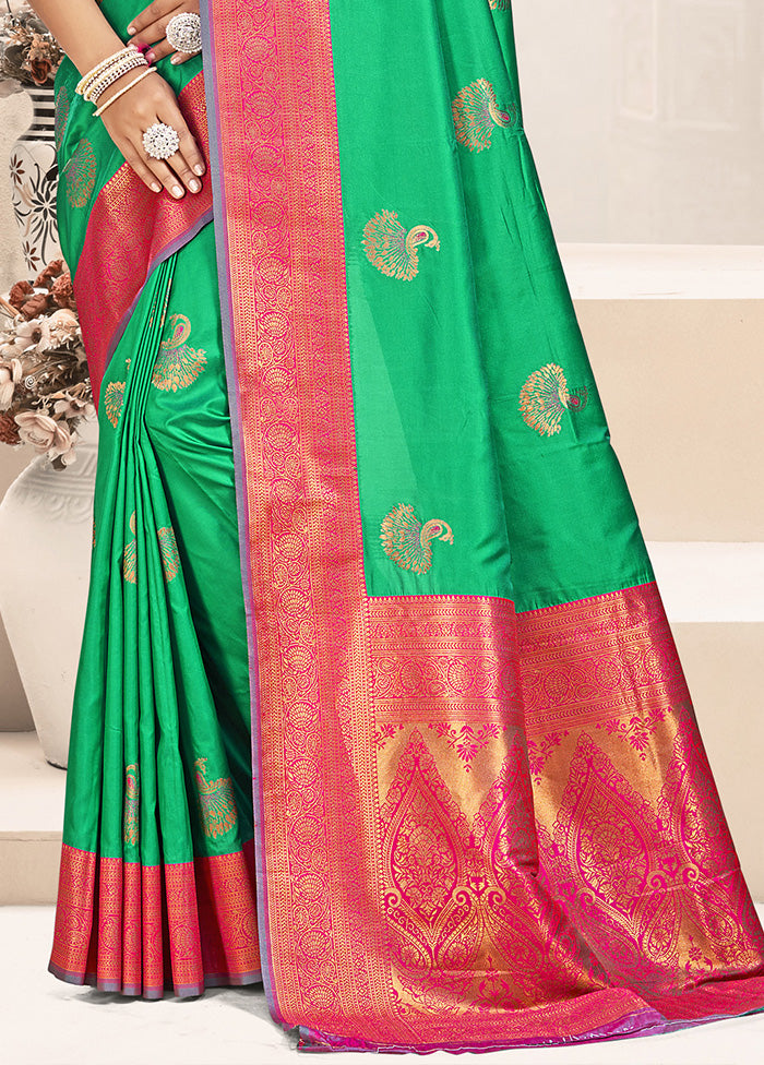 Sea Green Spun Silk Saree With Blouse Piece