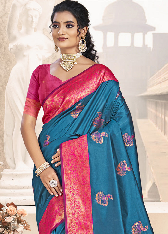 Teal Spun Silk Saree With Blouse Piece