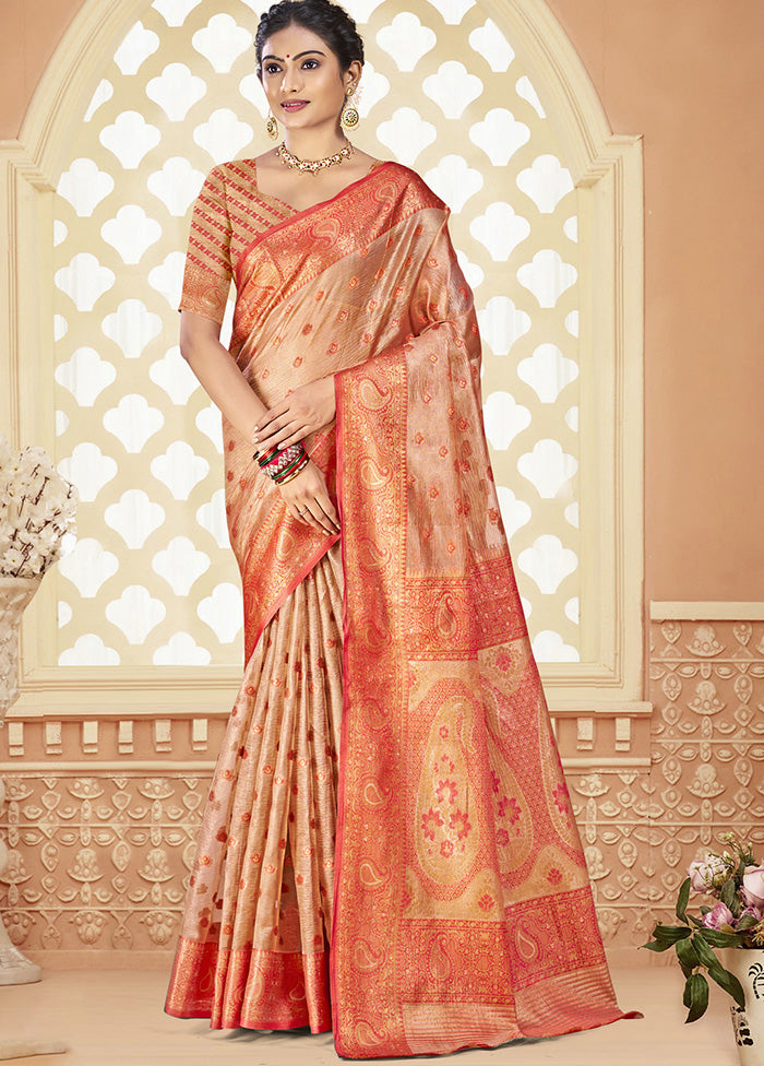 Peach Spun Silk Saree With Blouse Piece