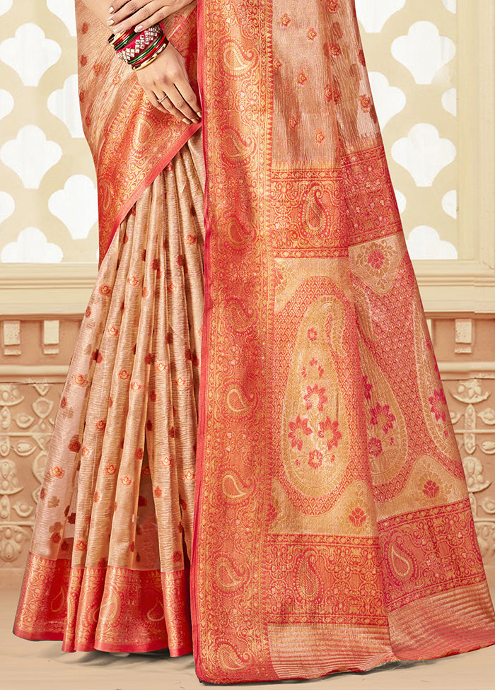 Peach Spun Silk Saree With Blouse Piece