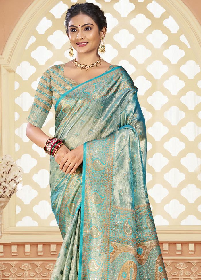 Aqua Spun Silk Saree With Blouse Piece