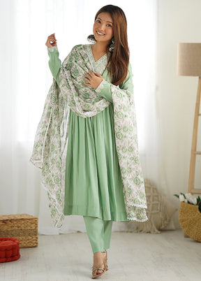 3 Pc Mint Green Pure Readymade Chanderi Suit Set