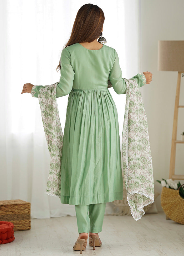 3 Pc Mint Green Pure Readymade Chanderi Suit Set