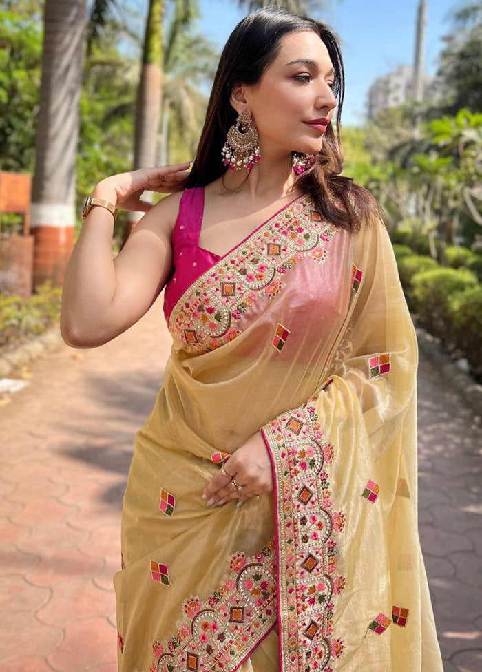 Light Yellow Net Saree With Blouse Piece