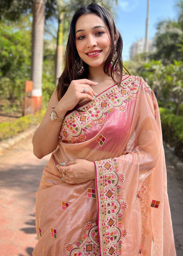 Peach Net Saree With Blouse Piece