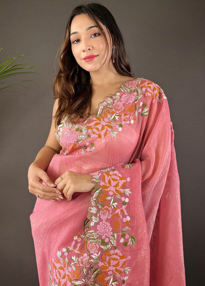 Pink Spun Silk Saree With Blouse Piece